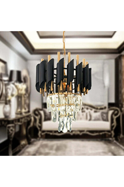 OEMN VERSAILLES Petito Crystal Chandelier 3 x E14, Ø30 cm, Glossy Gold and Black, Adjustable Height