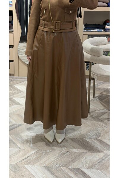 Touche Volanlı Deri Etek Kahverengi