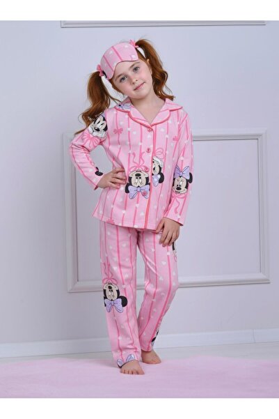 Yağmur Giyim Pjkö Min. Mause Patterned Pink Long Sleeve Button Front Girls Pajama Set 4-12 Years 508U