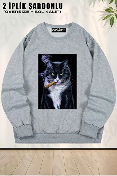 ZOKAWEAR Унисекс суитшърт с голям размер и принт на харизматична котка, пушещ...