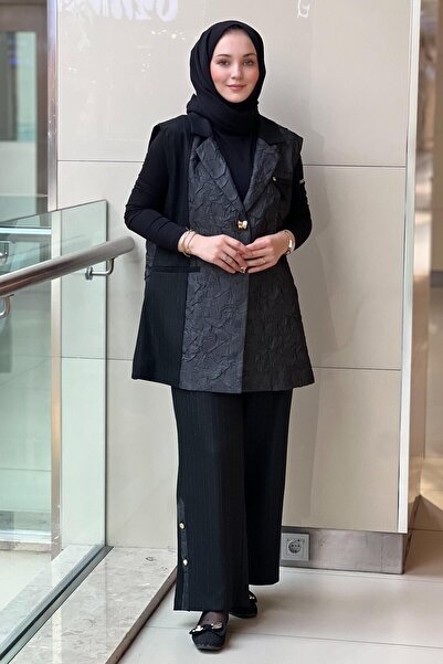 Ghisa Double-Breasted Collar Mix Fabric Vest Pants Set