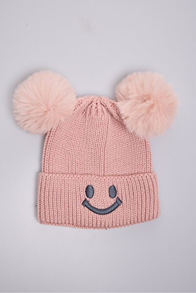 OX-RA Pink Double Pompom Smiley Knitted Children's Beanie
