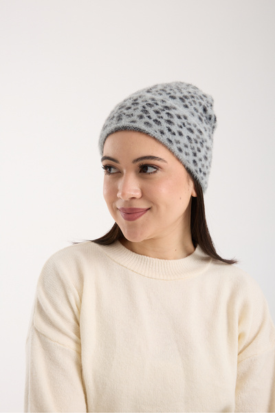 OX-RA Gray Leopard Patterned Plush Folded Beret