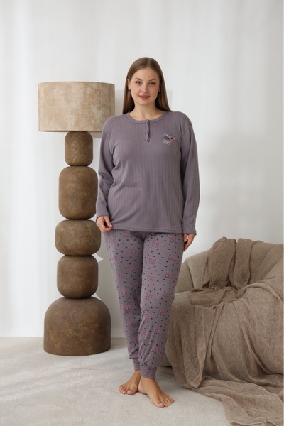 Temporium Women's Winter Plus Size Embroidered Patterned Collar Buttoned Long Sleeve Pajama Set