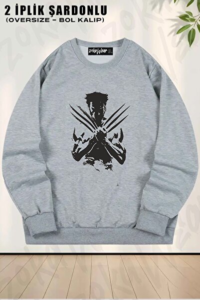 ZOKAWEAR سويت شيرت يونيسكس وولفرين 2 مطبوع قصة فضفاضة برقبة دائرية