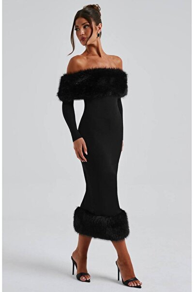 Friday Mood Women's Fur Detailed Madonna Collar Dress