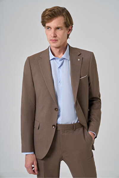 Morven Men's Brown Wool Slim Fit Mono Collar Suit