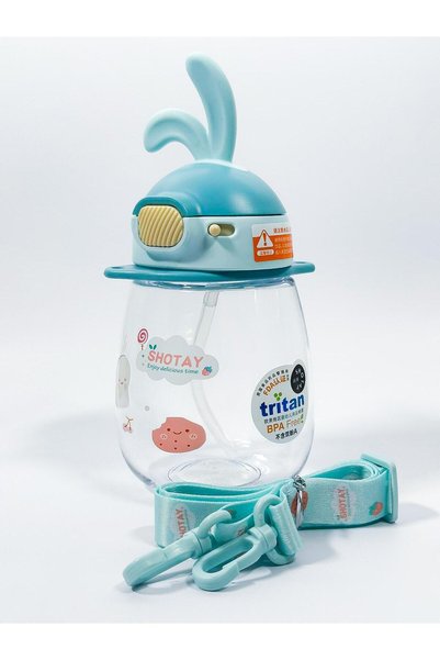 ORVO Children's Water Bottle Tritan Flask – 600 ml Water Bottle with Ear-Shaped Lid, Straw, and Strap - St-7008 - Blue