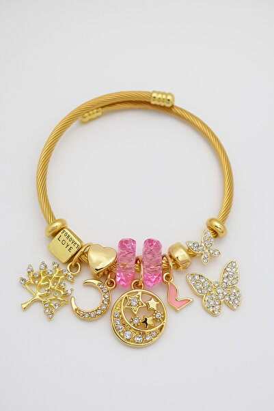 MakeWell Gold Color Tarnish Free Stainless Steel Bracelet with Star Heart Cherry Crescent Design for Kids