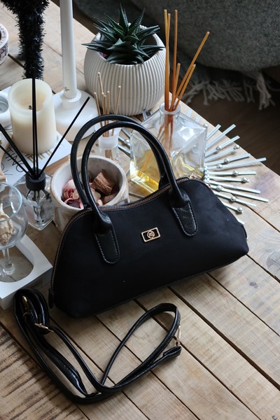 Moom Bag Women's Black Suede Shoulder Bag with Handle and Strap