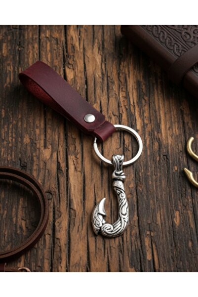 E&F Takı Hook Design Burgundy Genuine Leather Key Chain