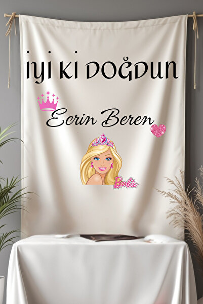Puppetzzz Barbie Temalı Doğum Günü İsme Özel Flama Afiş Duvar Halısı Büyük Boy