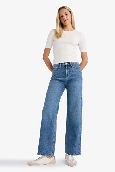 DeFacto Straight Fit High Waist Straight Leg Long Jean Snow Washed Pants F2955Ax25Wn