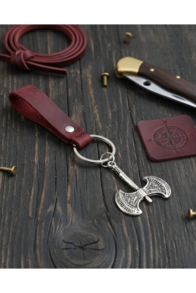E&F Takı إكسسوار سلسلة مفاتيح من الجلد الطبيعي باللون الأحمر الداكن بتصميم سيف مزدوج الجوانب