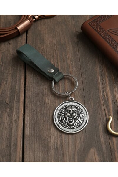 E&F Takı Aslan Design Khaki Green Genuine Leather Keychain Accessory