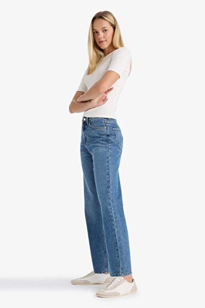 DeFacto Straight Fit High Waist Straight Leg Long Jean Snow Washed Pants F2955Ax25Wn