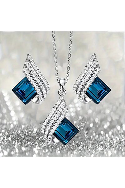 takantakana Mavi Safir Taşlı, Zirkon İşlemeli Gümüş Kolye, Küpe Takı Seti, Ah...