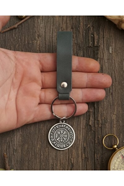 E&F Takı Leather Keychain Compass Symbol Khaki Green Real Leather Keychain Accessory