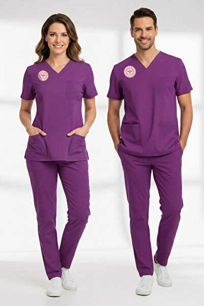 ÇİZGİ MEDİKAL Ebe Forması Scrubs Likralı Takım Sağlık Bakanlığı Uyumlu-Byzantium