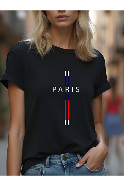 Free Tarz Tricou negru supradimensionat cu detaliu cu dungi și inscripția Paris