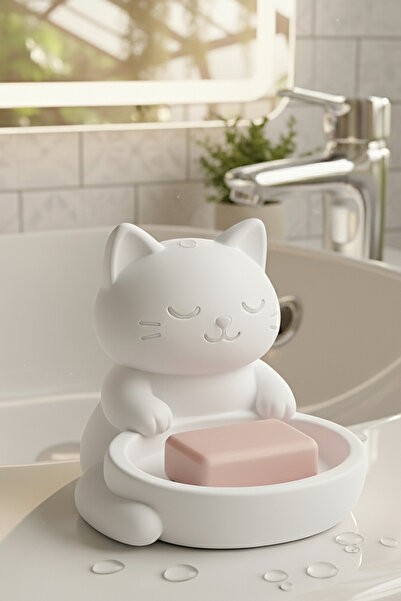 Oxyteez Dekoratif Kedi Sabunluk Banyo Lavabo Aksesuarı Su Süzmeli Sevimli Org...