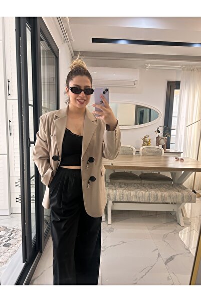Quzu Toka Aksesuarlı Oversize Blazer Ceket Bej