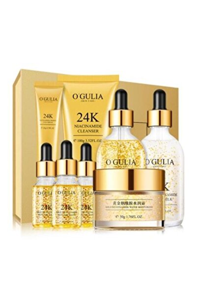 GULİA O'Gulia 24K GOLD Daily Skincare Set, 8 pcs (cleanser, eye cream, toner, niacinamide gold milk, 3x ni