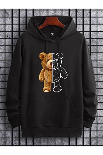 CLASSY.MODA Unisex 3 Thread O Oversized K Hooded Kangaroo Pocket Half Bear Patterned B Printed Sweatshirt