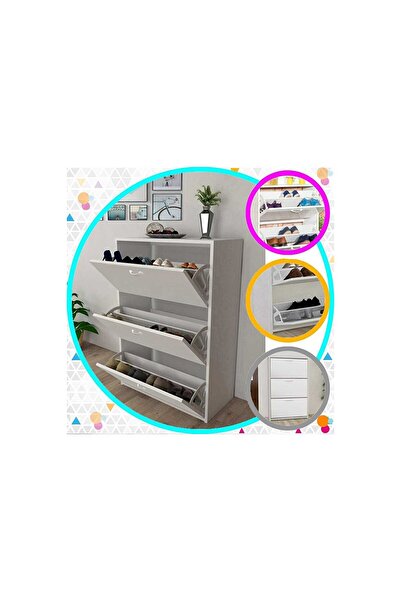 Modilayn Trıplex Kapıönü 3 Katlı Düşer Kapak Beyaz Ayakkabılık, Ayakkabı Dola...