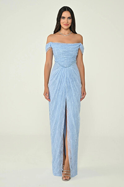 ALFABETA KADIN ABİYE DÜŞÜK OMUZ DRAPELİ SİMLİ DANTEL UZUN ELBİSE