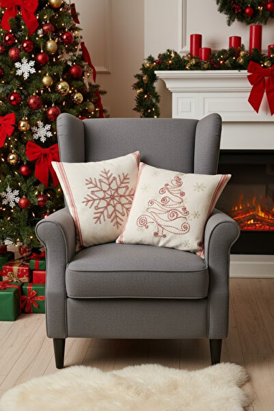 homytextiles New Year - Christmas Themed Punch Embroidered Decorative 2-Piece Throw Pillow Cover, New Year Sparkle