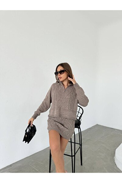 HepsitrentStore Standard Size Zippered Knitwear Sweater Skirt Two-Piece Set