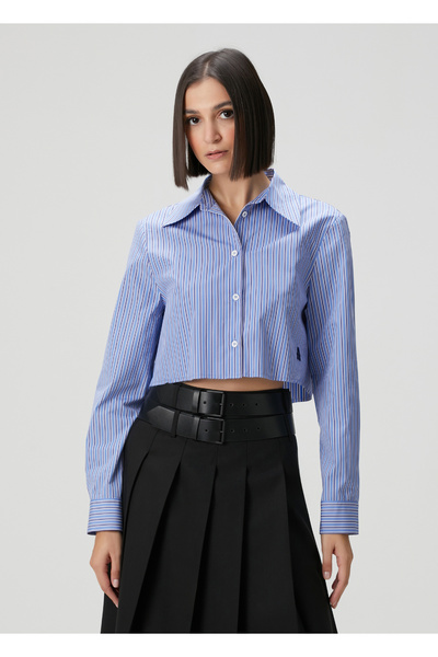 Academia Mavi Çizgili Crop Poplin Gömlek