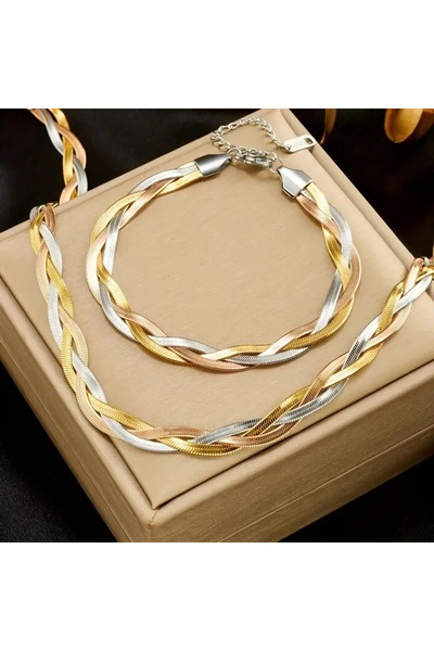 takantakana Örgü Çelik Takı Seti, Bileklik Kolye, Ahşap Kutu İçerisinde