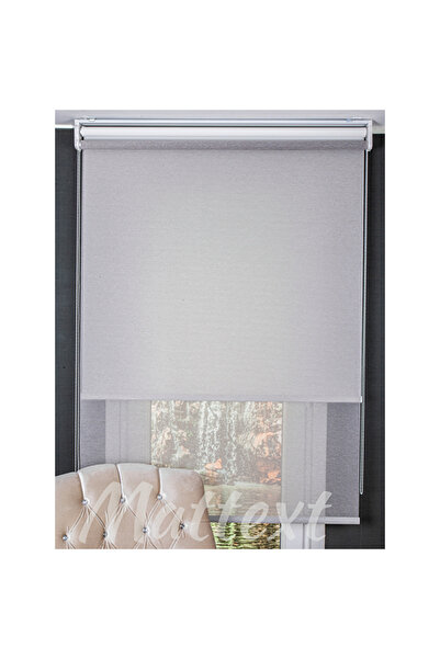 Mattext İkili Perde Ön Gri Çizgili Tül Stor Arka Beyaz Stor 160x220 cm - 160x...