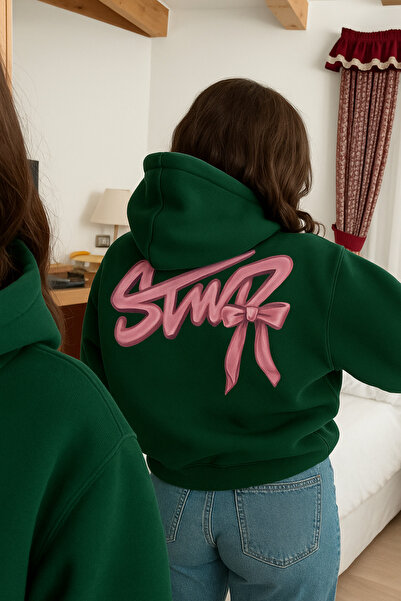 CLASSY.MODA Unisex 3 Thread O Oversized K Hooded Kangaroo Pocket Stwd Bow Patterned Back B Printed Sweatshirt