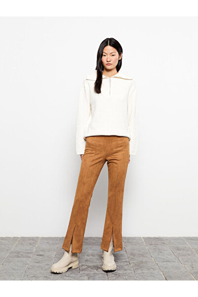 LC Waikiki Damenhose aus Wildleder mit ausgestelltem Bein und geradem Schlitz und detailliertem Detail