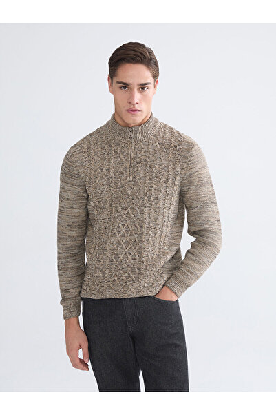 LC Waikiki Ανδρικό πλεκτό πουλόβερ με φερμουάρ σε μπεζ χρώμα