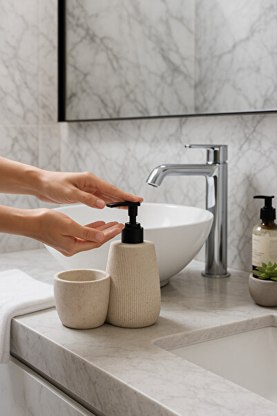 Kezze Modern Beton Görünümlü Polyresin Sıvı Sabunluk & Aksesuar Seti-Banyo La...