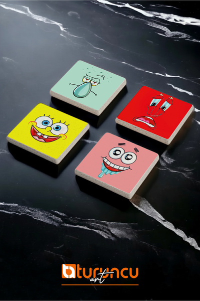 Turuncu Sticker Spongebob Square Pants Series Natural Stone Coaster Set, Home and Office Use 10X10Cm