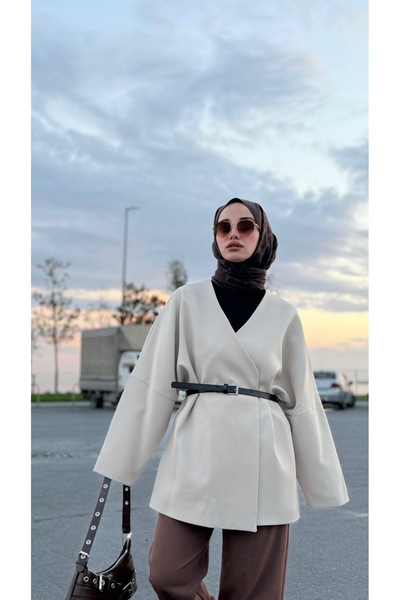 ÖZGENZA Oversize kemerli astarlı ceket taş