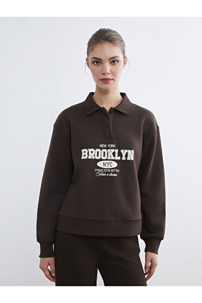 LC Waikiki Polo Neck Brooklyn Printed Women's Thick Sweatshirt