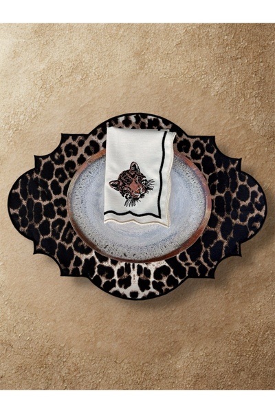 LİONYA DESİGN 4 Parça 2 Kişilik Nakışlı Leopar Desenli Sofra Seti (2 Amerikan...