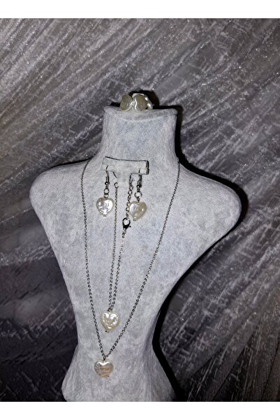 H.RoseButik Acrylic Heart Handmade Ring Necklace Bracelet Earring Cream Set Silver Chain Set