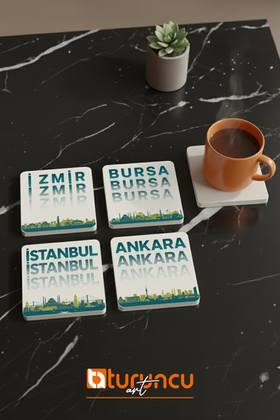 Turuncu Sticker Türkiye Series - Istanbul-Ankara-Izmir-Bursa Natural Stone Coaster Set, Home and Office 10X10Cm