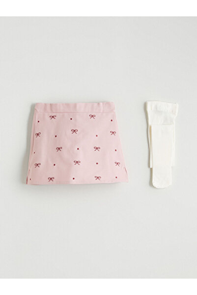 LC Waikiki Lcw Kids Pink Bow Embroidered Girls' Shorts Skirt and Pantyhose
