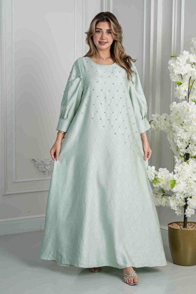 Nice Model Elegant Mint Green Maxi Dress with Crystal Embellishments & Balloon Sleeves for Special Events