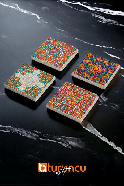 Turuncu Sticker Mandala Art Series Natural Stone Coaster Set, Home and Office Use 10X10Cm