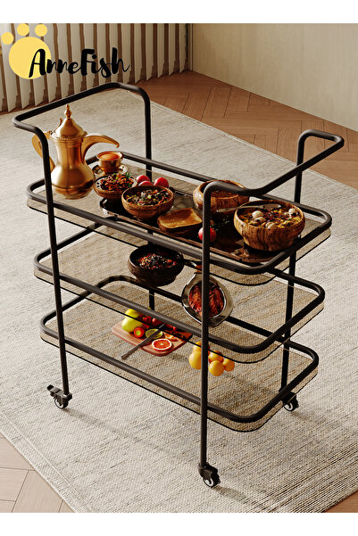 AnneFish 3 Tier Glass Rolling Serving Trolley Home Bar Serving Cart with Wheels and Storage Shelves Cart