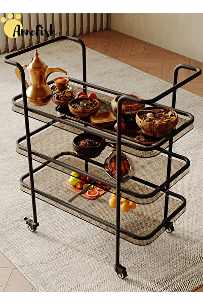 AnneFish 3 Tier Glass Rolling Serving Trolley Home Bar Serving Cart with Wheels and Storage Shelves Cart